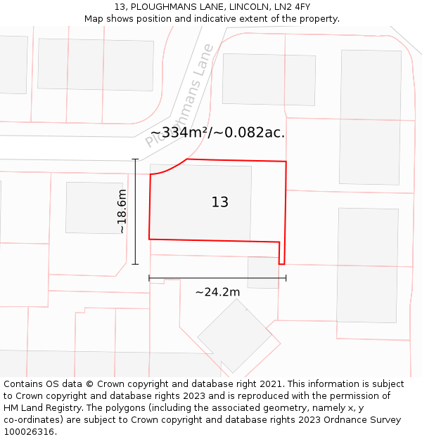 13, PLOUGHMANS LANE, LINCOLN, LN2 4FY: Plot and title map