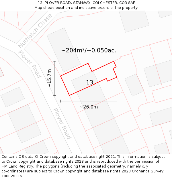 13, PLOVER ROAD, STANWAY, COLCHESTER, CO3 8AF: Plot and title map