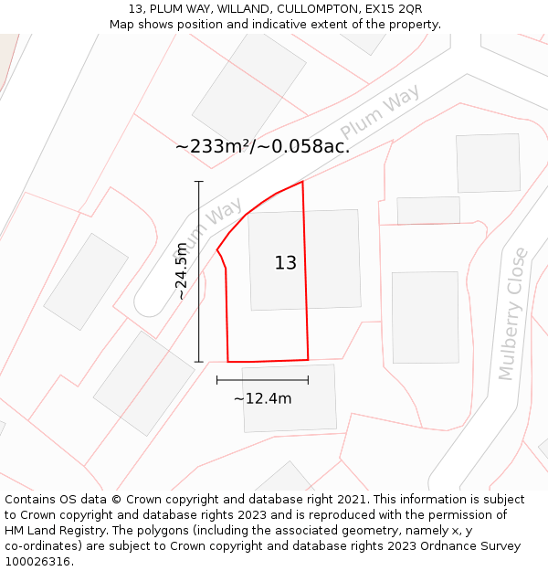13, PLUM WAY, WILLAND, CULLOMPTON, EX15 2QR: Plot and title map