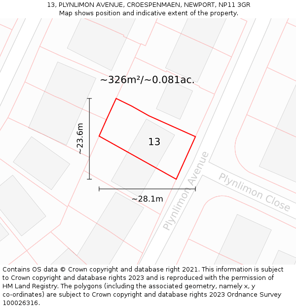 13, PLYNLIMON AVENUE, CROESPENMAEN, NEWPORT, NP11 3GR: Plot and title map