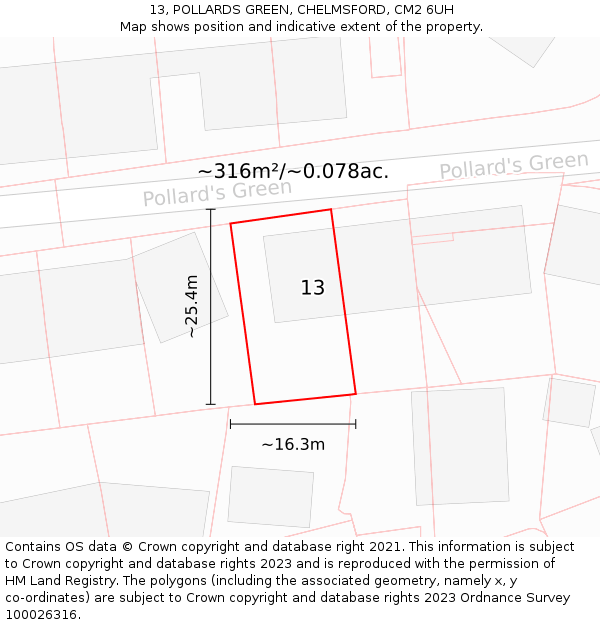 13, POLLARDS GREEN, CHELMSFORD, CM2 6UH: Plot and title map