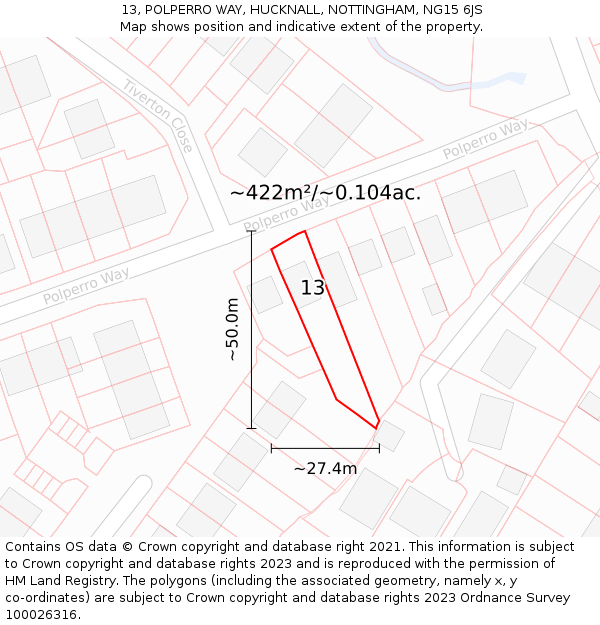 13, POLPERRO WAY, HUCKNALL, NOTTINGHAM, NG15 6JS: Plot and title map