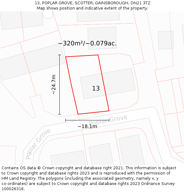 13, POPLAR GROVE, SCOTTER, GAINSBOROUGH, DN21 3TZ: Plot and title map