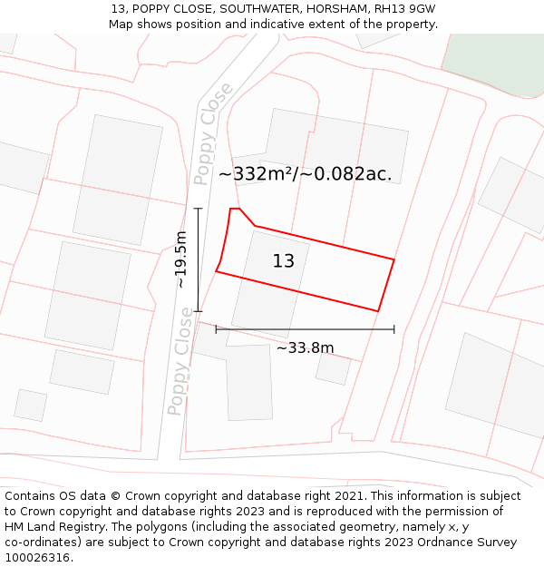 13, POPPY CLOSE, SOUTHWATER, HORSHAM, RH13 9GW: Plot and title map
