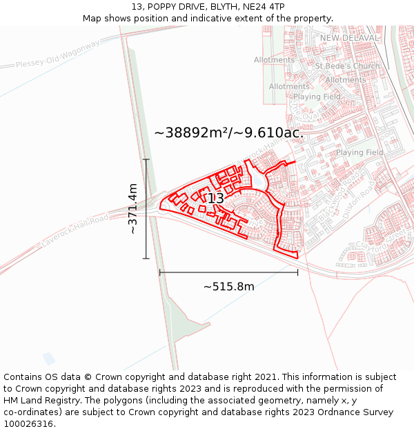 13, POPPY DRIVE, BLYTH, NE24 4TP: Plot and title map
