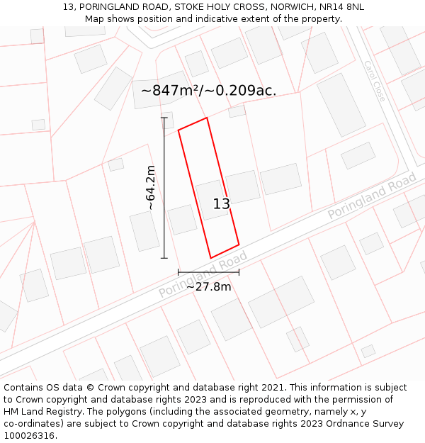 13, PORINGLAND ROAD, STOKE HOLY CROSS, NORWICH, NR14 8NL: Plot and title map