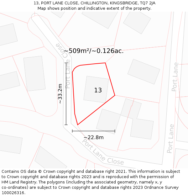 13, PORT LANE CLOSE, CHILLINGTON, KINGSBRIDGE, TQ7 2JA: Plot and title map