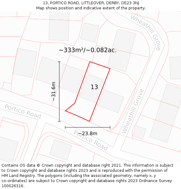 13, PORTICO ROAD, LITTLEOVER, DERBY, DE23 3NJ: Plot and title map