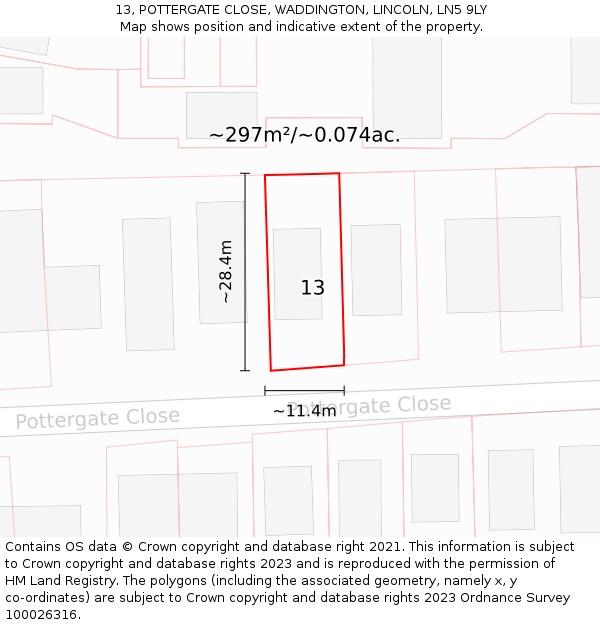 13, POTTERGATE CLOSE, WADDINGTON, LINCOLN, LN5 9LY: Plot and title map