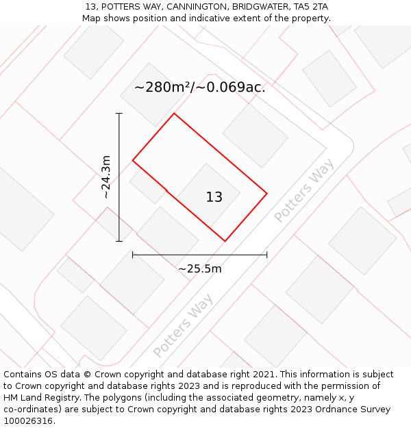 13, POTTERS WAY, CANNINGTON, BRIDGWATER, TA5 2TA: Plot and title map