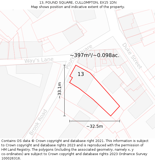 13, POUND SQUARE, CULLOMPTON, EX15 1DN: Plot and title map