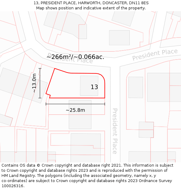13, PRESIDENT PLACE, HARWORTH, DONCASTER, DN11 8ES: Plot and title map