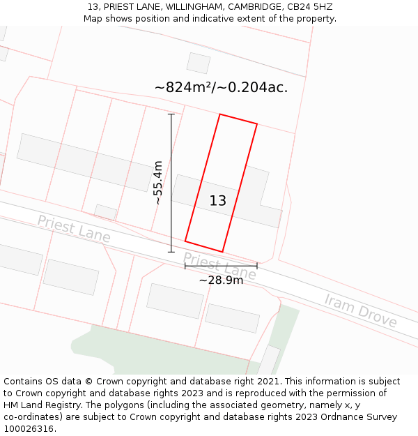 13, PRIEST LANE, WILLINGHAM, CAMBRIDGE, CB24 5HZ: Plot and title map