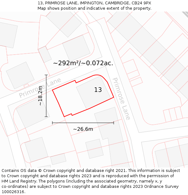 13, PRIMROSE LANE, IMPINGTON, CAMBRIDGE, CB24 9PX: Plot and title map