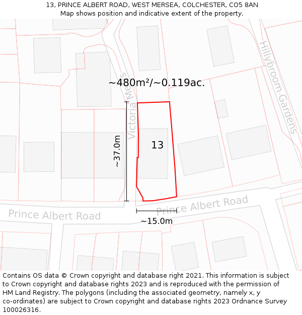 13, PRINCE ALBERT ROAD, WEST MERSEA, COLCHESTER, CO5 8AN: Plot and title map
