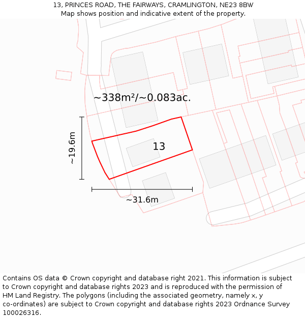 13, PRINCES ROAD, THE FAIRWAYS, CRAMLINGTON, NE23 8BW: Plot and title map