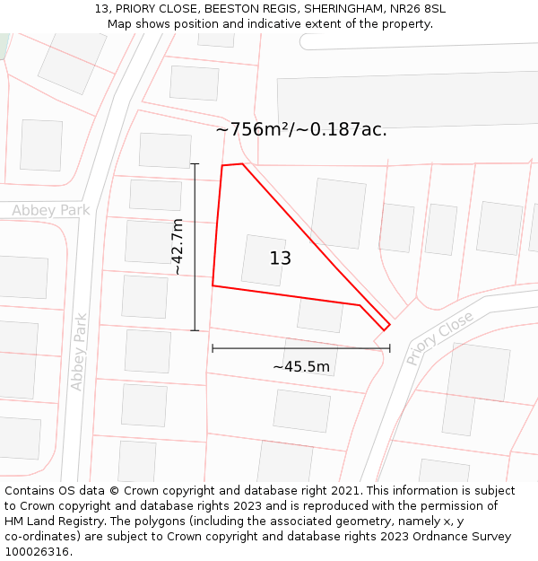 13, PRIORY CLOSE, BEESTON REGIS, SHERINGHAM, NR26 8SL: Plot and title map
