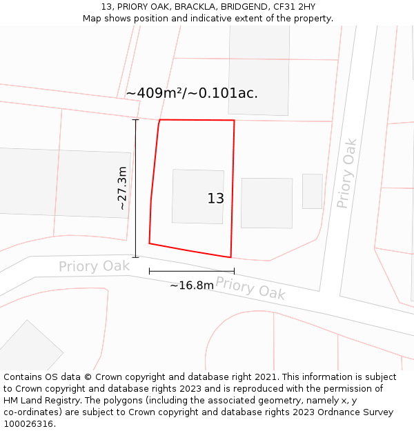 13, PRIORY OAK, BRACKLA, BRIDGEND, CF31 2HY: Plot and title map