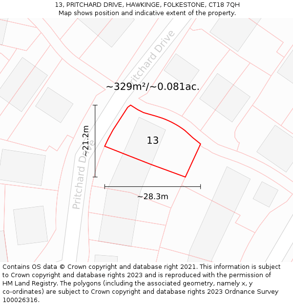 13, PRITCHARD DRIVE, HAWKINGE, FOLKESTONE, CT18 7QH: Plot and title map