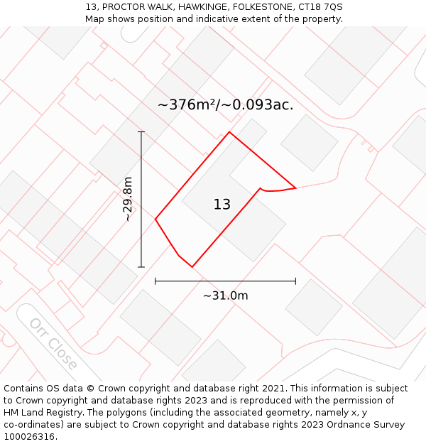 13, PROCTOR WALK, HAWKINGE, FOLKESTONE, CT18 7QS: Plot and title map