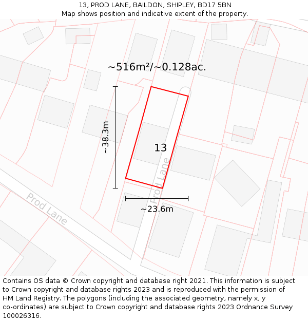 13, PROD LANE, BAILDON, SHIPLEY, BD17 5BN: Plot and title map