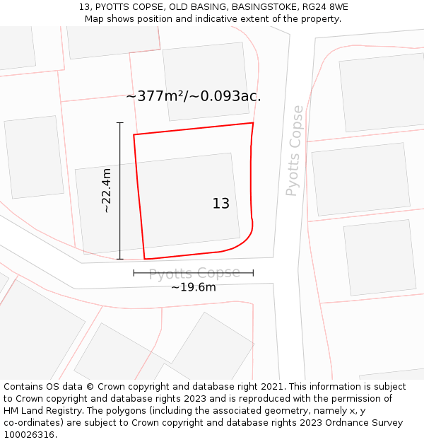 13, PYOTTS COPSE, OLD BASING, BASINGSTOKE, RG24 8WE: Plot and title map