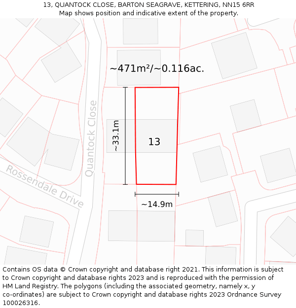 13, QUANTOCK CLOSE, BARTON SEAGRAVE, KETTERING, NN15 6RR: Plot and title map