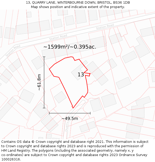 13, QUARRY LANE, WINTERBOURNE DOWN, BRISTOL, BS36 1DB: Plot and title map