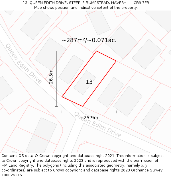 13, QUEEN EDITH DRIVE, STEEPLE BUMPSTEAD, HAVERHILL, CB9 7ER: Plot and title map
