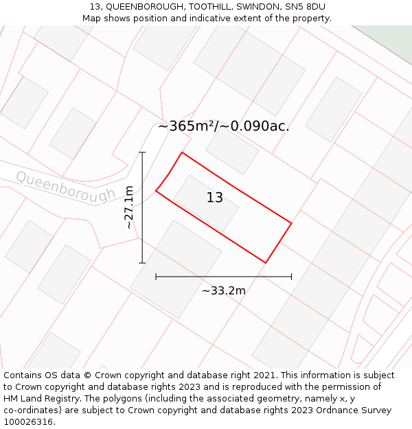 13, QUEENBOROUGH, TOOTHILL, SWINDON, SN5 8DU: Plot and title map