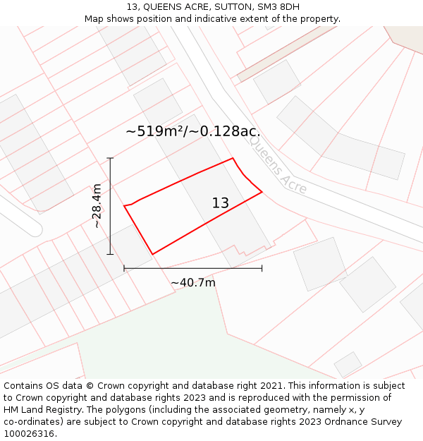 13, QUEENS ACRE, SUTTON, SM3 8DH: Plot and title map