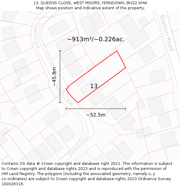 13, QUEENS CLOSE, WEST MOORS, FERNDOWN, BH22 0HW: Plot and title map