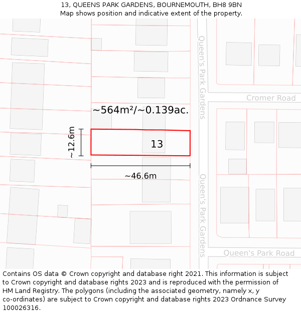 13, QUEENS PARK GARDENS, BOURNEMOUTH, BH8 9BN: Plot and title map