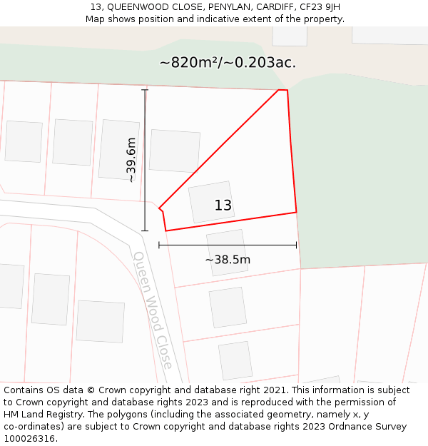 13, QUEENWOOD CLOSE, PENYLAN, CARDIFF, CF23 9JH: Plot and title map