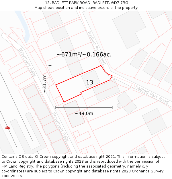 13, RADLETT PARK ROAD, RADLETT, WD7 7BG: Plot and title map
