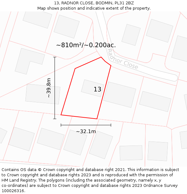 13, RADNOR CLOSE, BODMIN, PL31 2BZ: Plot and title map