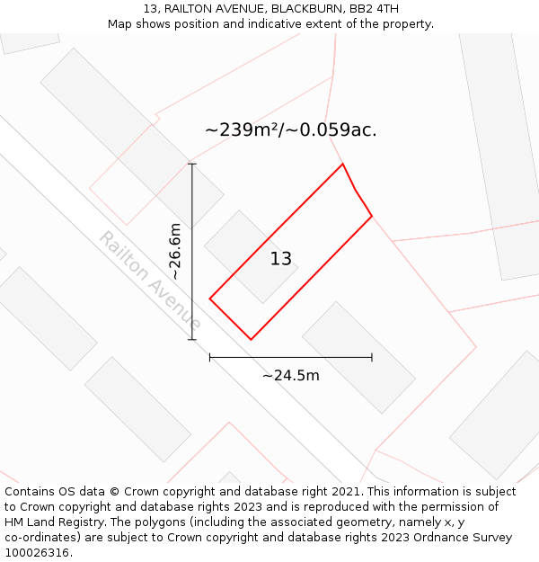13, RAILTON AVENUE, BLACKBURN, BB2 4TH: Plot and title map