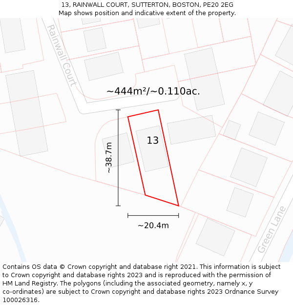 13, RAINWALL COURT, SUTTERTON, BOSTON, PE20 2EG: Plot and title map