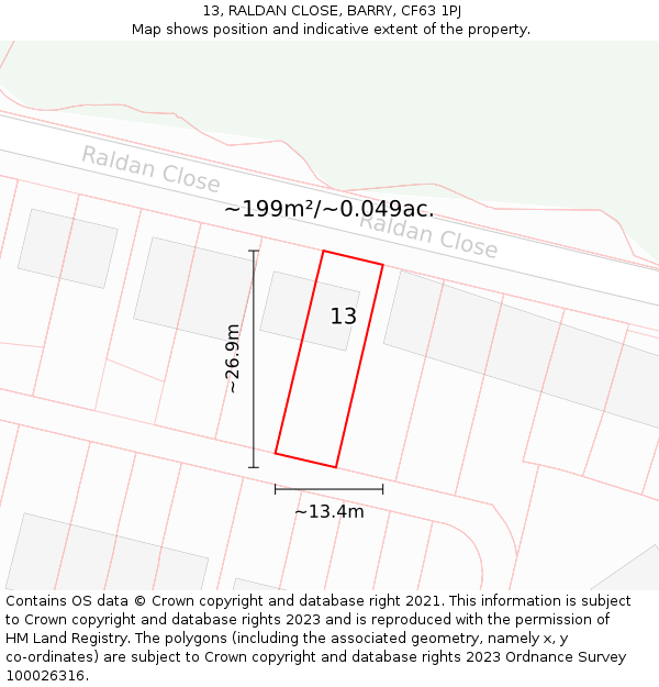 13, RALDAN CLOSE, BARRY, CF63 1PJ: Plot and title map