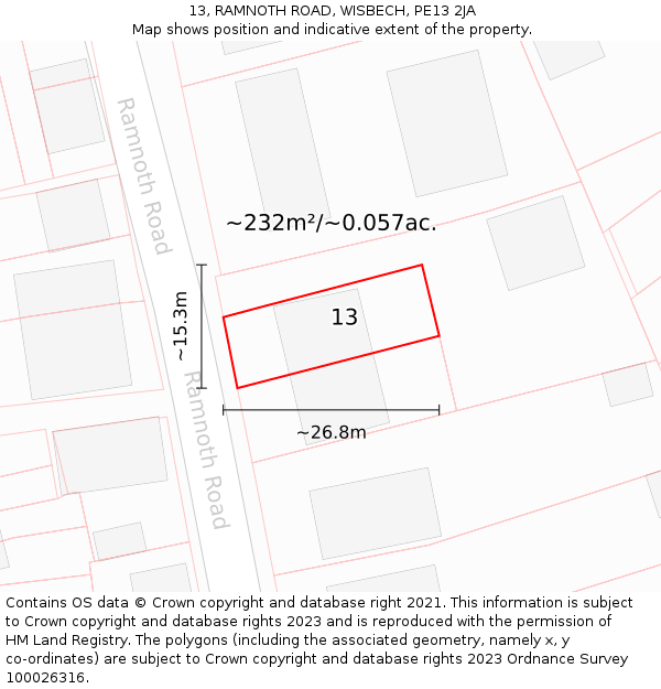 13, RAMNOTH ROAD, WISBECH, PE13 2JA: Plot and title map
