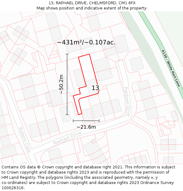 13, RAPHAEL DRIVE, CHELMSFORD, CM1 6FX: Plot and title map