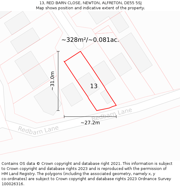 13, RED BARN CLOSE, NEWTON, ALFRETON, DE55 5SJ: Plot and title map