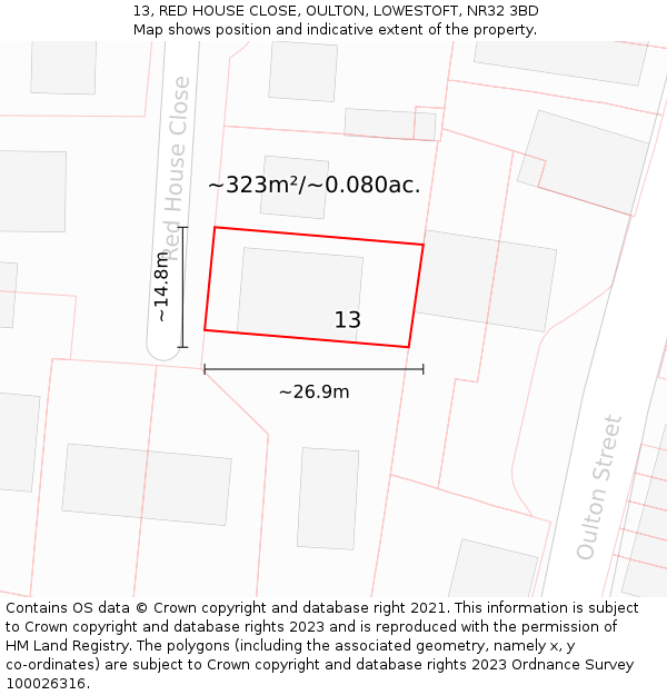 13, RED HOUSE CLOSE, OULTON, LOWESTOFT, NR32 3BD: Plot and title map