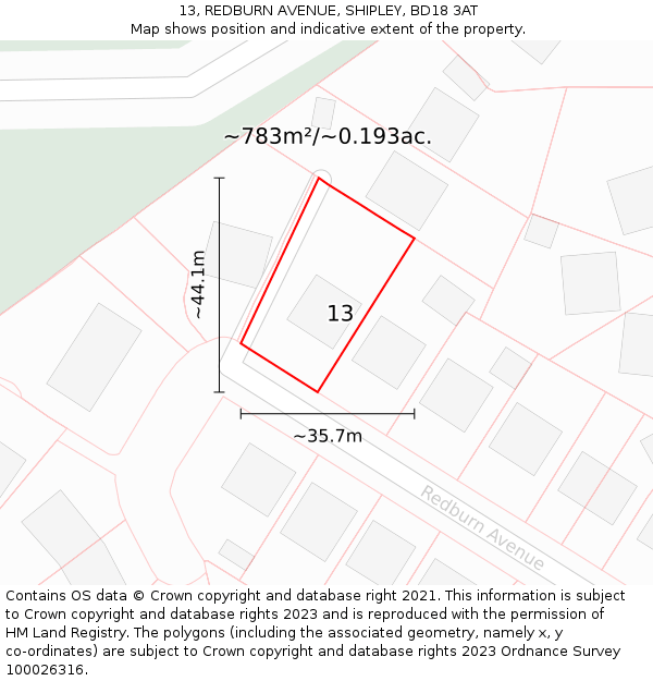 13, REDBURN AVENUE, SHIPLEY, BD18 3AT: Plot and title map