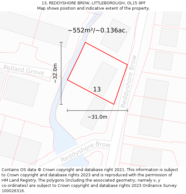13, REDDYSHORE BROW, LITTLEBOROUGH, OL15 9PF: Plot and title map