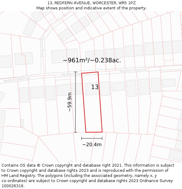 13, REDFERN AVENUE, WORCESTER, WR5 1PZ: Plot and title map