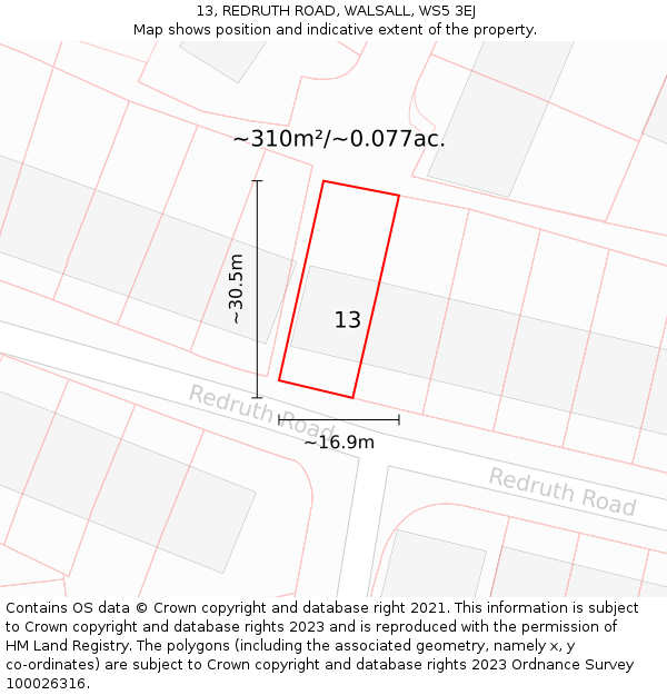 13, REDRUTH ROAD, WALSALL, WS5 3EJ: Plot and title map