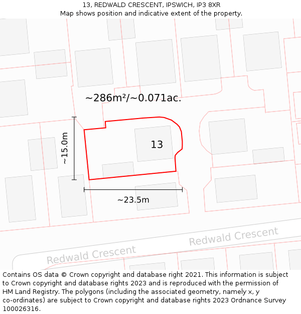 13, REDWALD CRESCENT, IPSWICH, IP3 8XR: Plot and title map