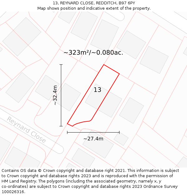 13, REYNARD CLOSE, REDDITCH, B97 6PY: Plot and title map