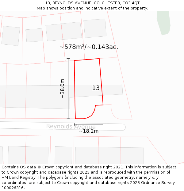 13, REYNOLDS AVENUE, COLCHESTER, CO3 4QT: Plot and title map